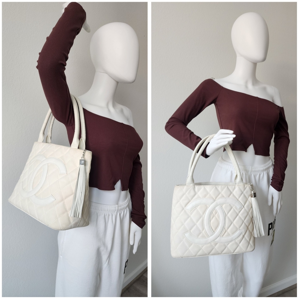 Auth Chanel CC Caviar Quilted Tassel Canvas Totes Bag - Picture 4 of 11